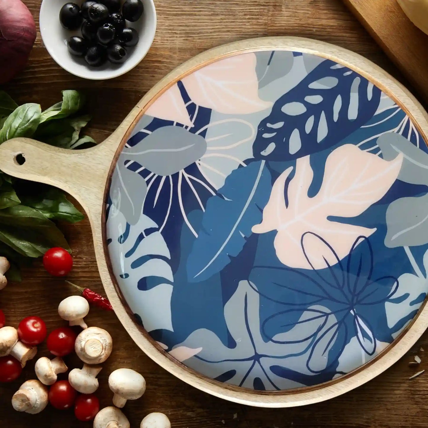 Elegant Wooden Navy Tropical Leaf Pattern Serveware
