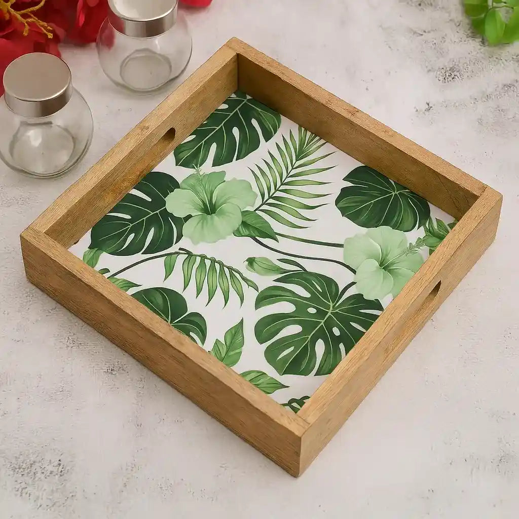 Tropical Green Leaves Print Wooden Serveware