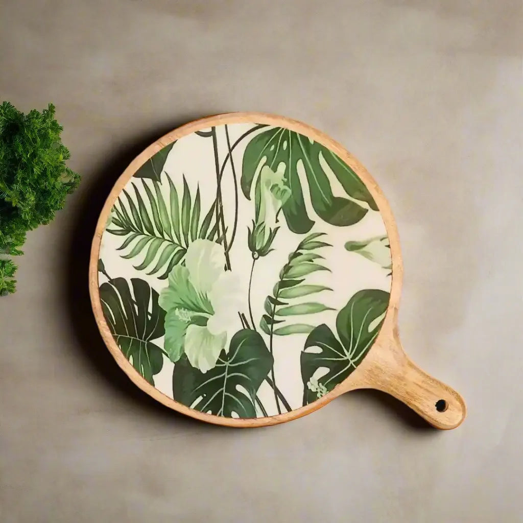 Tropical Green Leaves Print Wooden Serveware