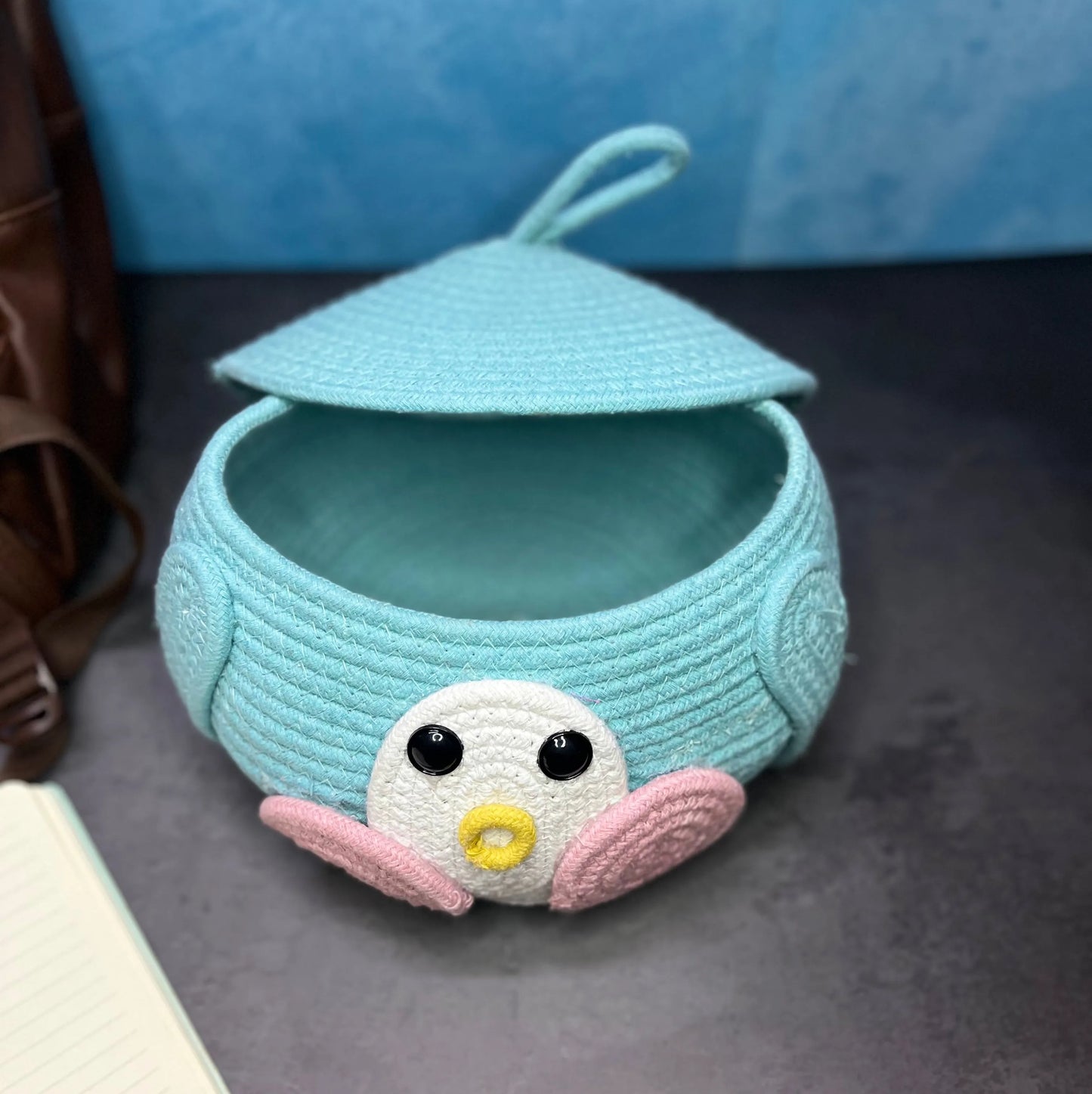 Blue Penguin Cotton Storage Basket with Lid
