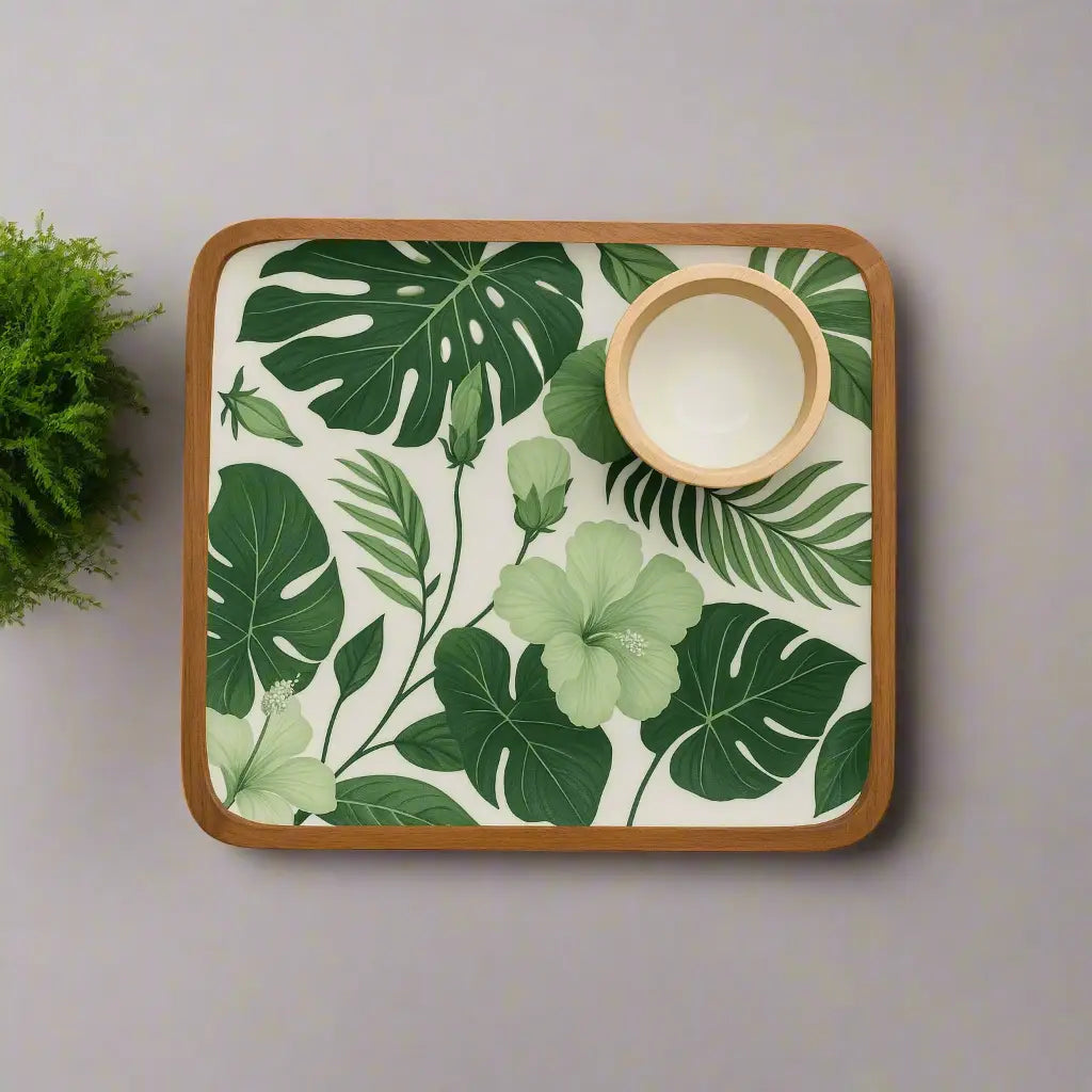 Tropical Green Leaves Print Wooden Serveware