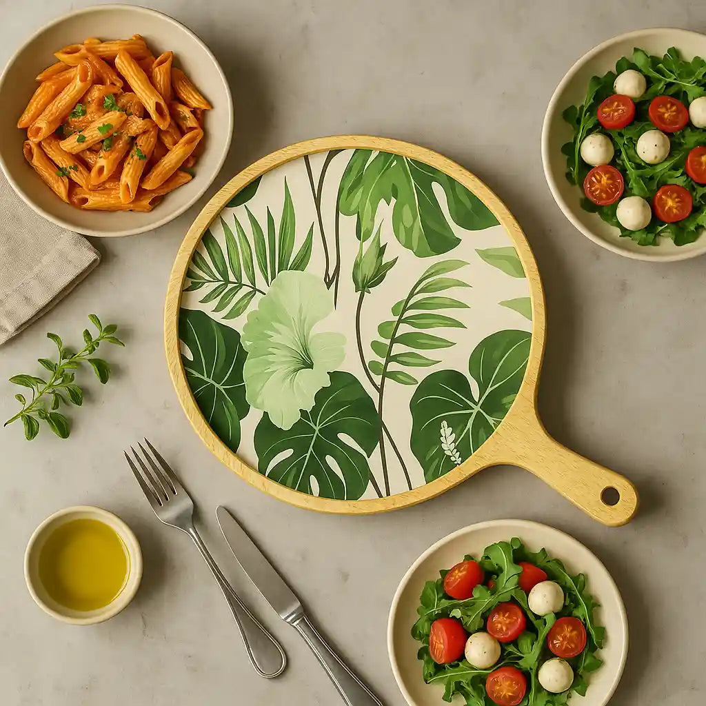 Tropical Green Leaves Print Wooden Serveware