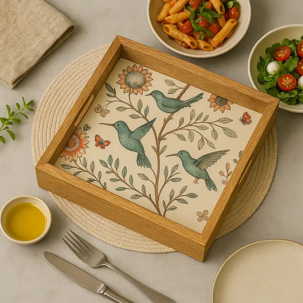 Attractive Birds & Flowers Print Wooden Serveware