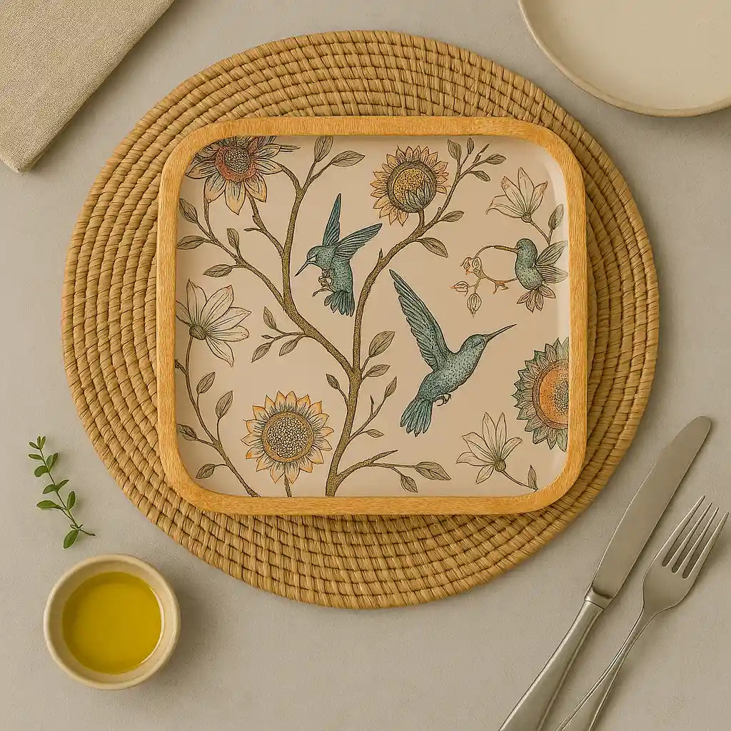 Attractive Birds & Flowers Print Wooden Serveware