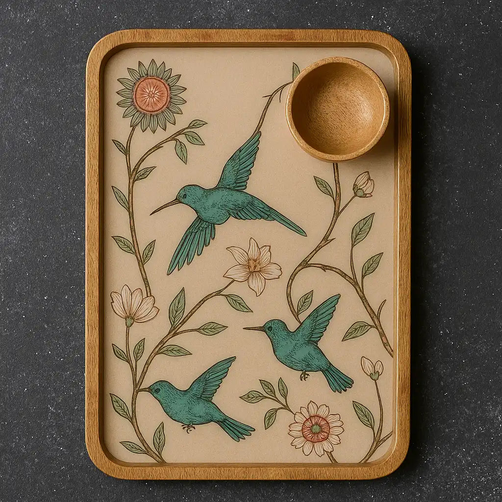 Attractive Birds & Flowers Print Wooden Serveware