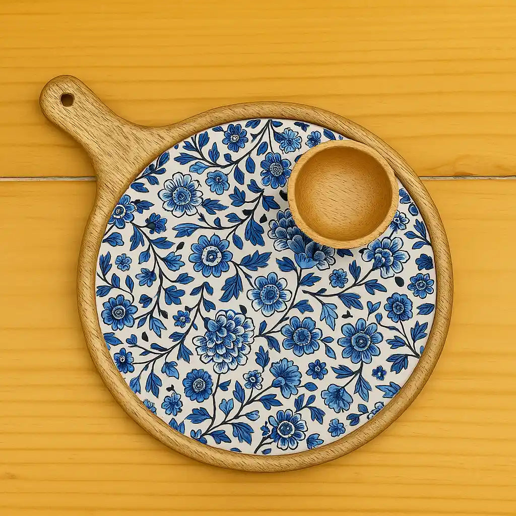 Elegant Blue Blossom Print Wooden Serveware