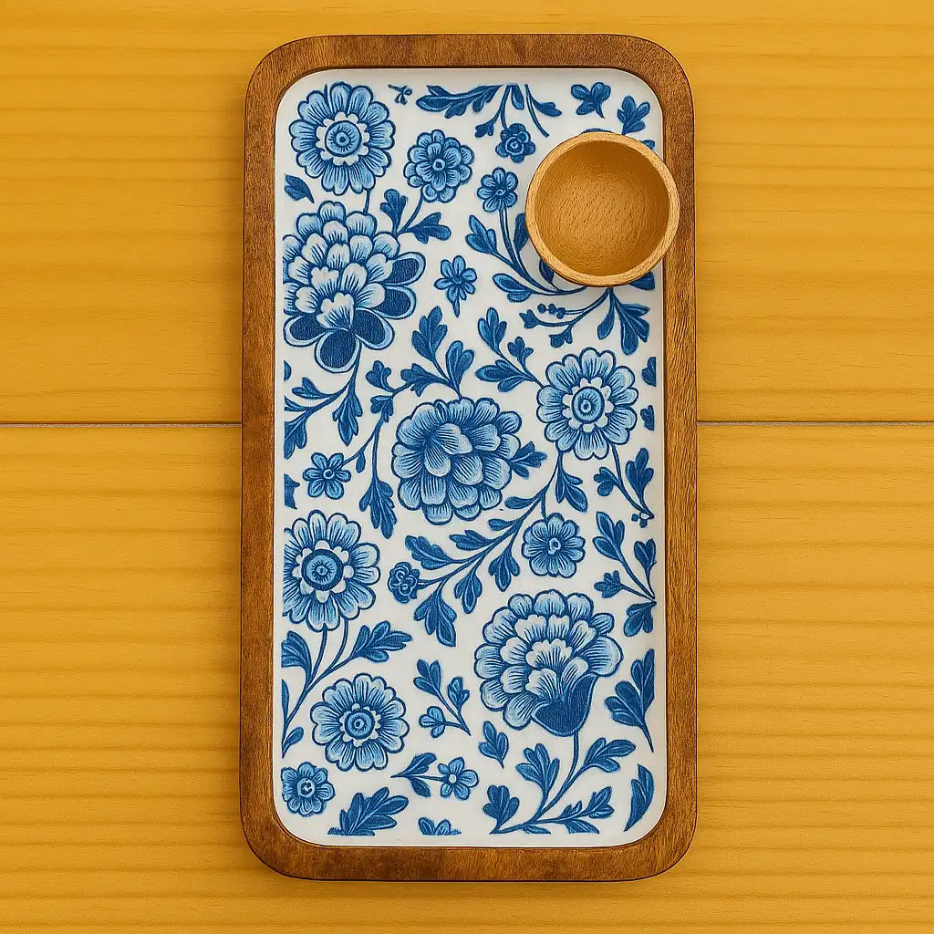 Elegant Blue Blossom Print Wooden Serveware