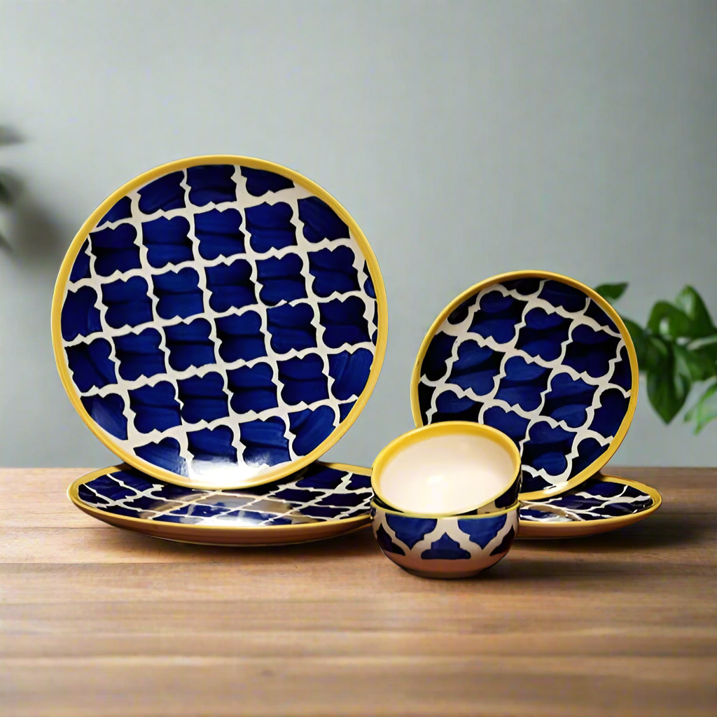 Premium Moroccan Hand Painted Dinner Set : 2 Dinner Plates, 2 Snacks Plates and 2 Bowls