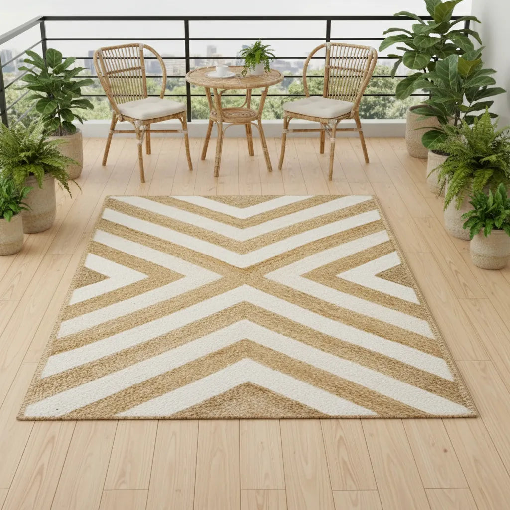 Eco-Friendly Jute Area Rug - White Geometric Weave