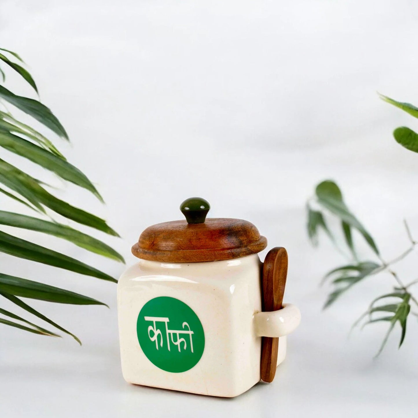 White Ceramic Coffee Storage Jar with Airtight Lid & Spoon - 500 ml