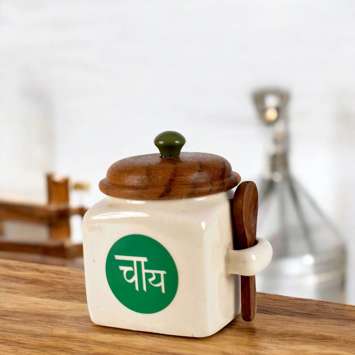 White Ceramic Tea Storage Jar with Airtight Lid & Spoon - 500 ml