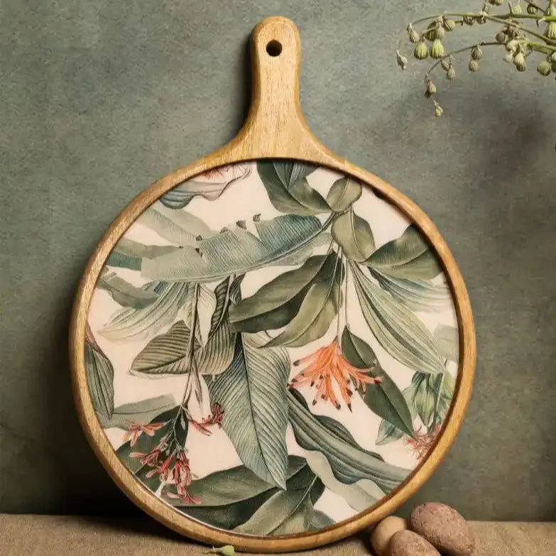 Elegant Green Leaves & Pink Flowers Print Wooden Serveware