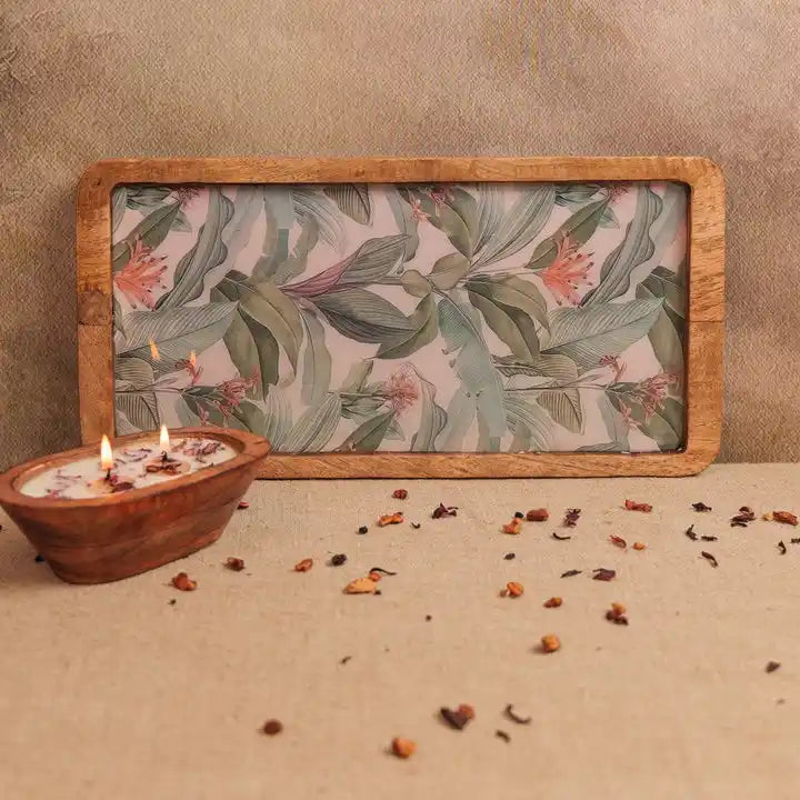 Elegant Green Leaves & Pink Flowers Print Wooden Serveware