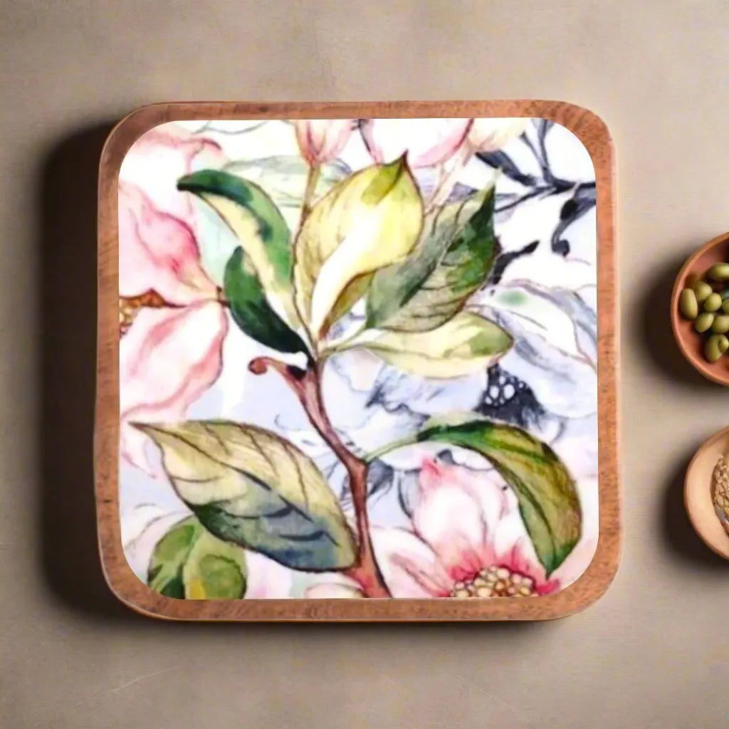 Lovely Pink Flowers Print Wooden Serveware