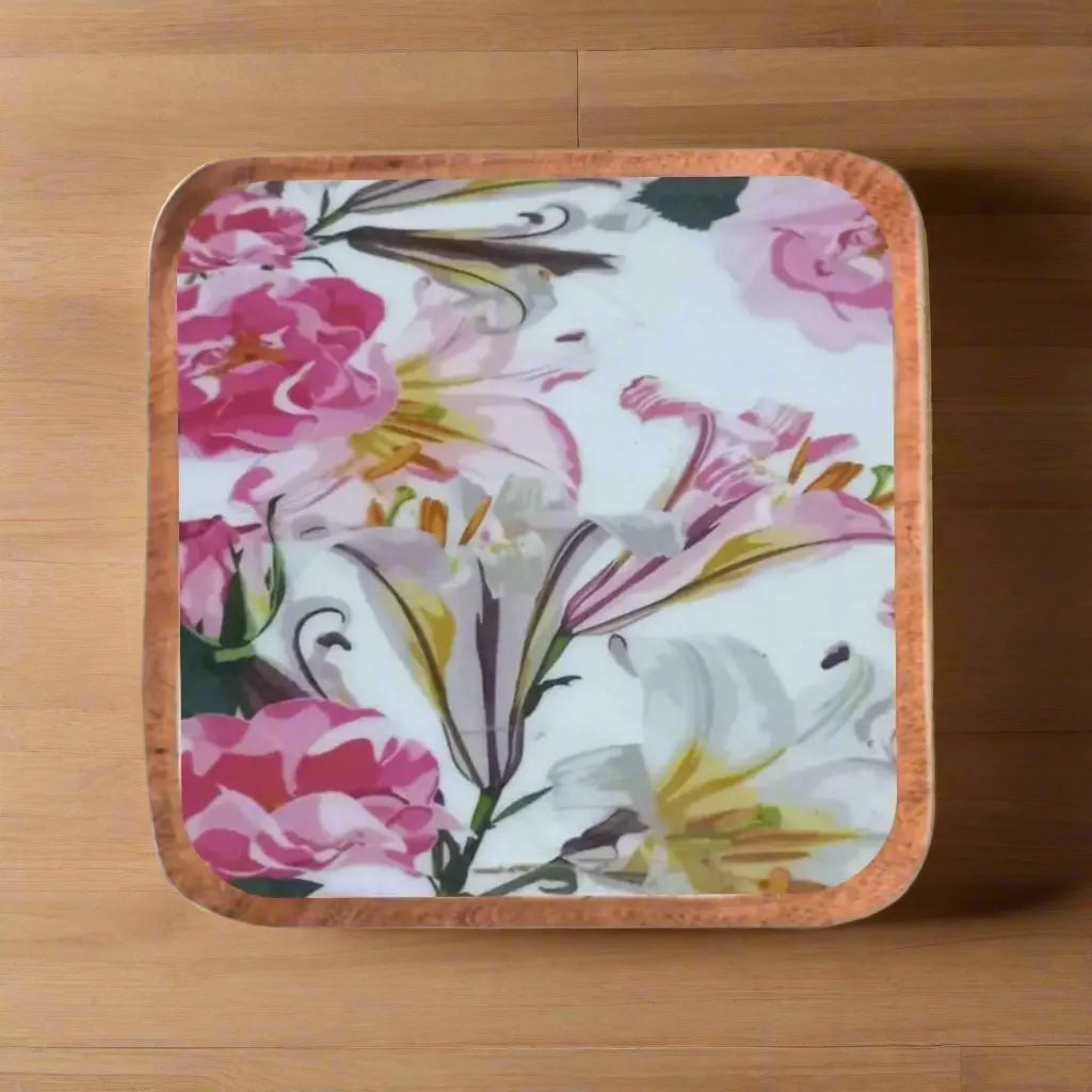 Lovely Pink & White Floral Print Wooden Serveware