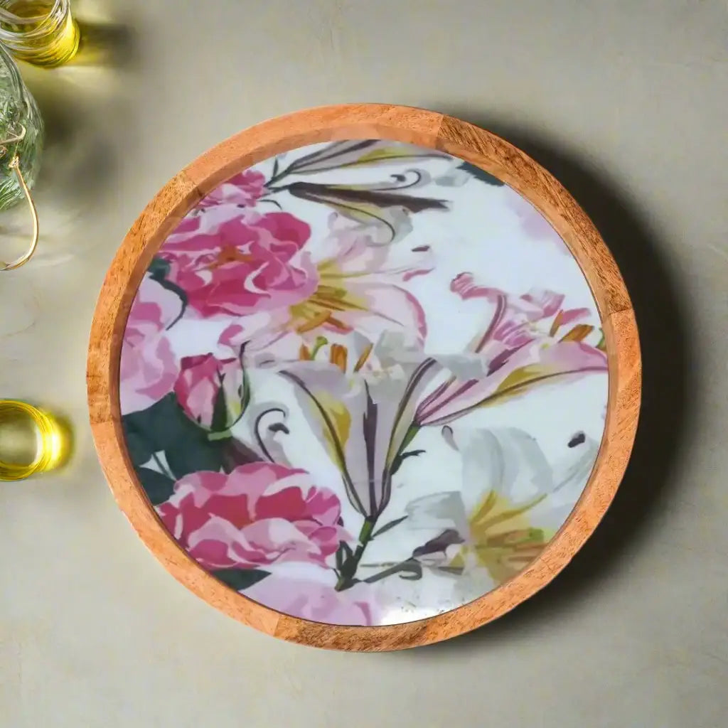 Lovely Pink & White Floral Print Wooden Serveware