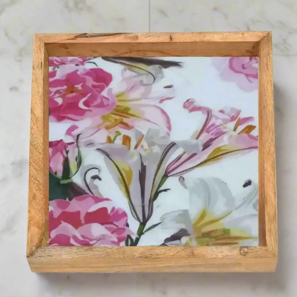 Lovely Pink & White Floral Print Wooden Serveware
