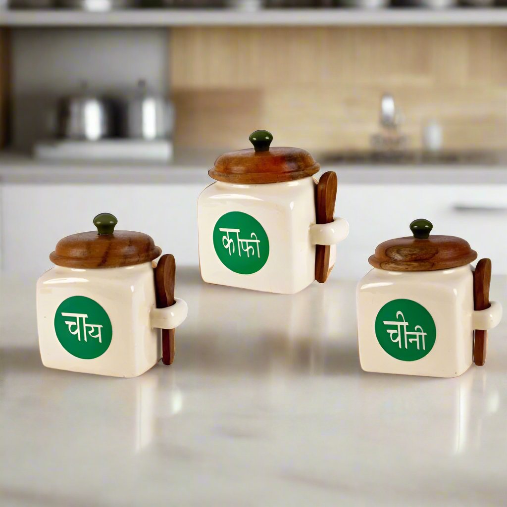 White Ceramic Tea, Coffee & Sugar Storage Jar Set with Airtight Lid & Spoon - 500 ml