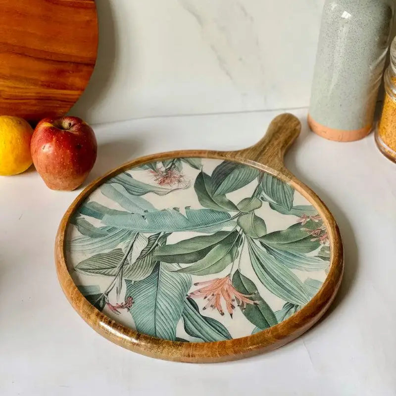 Elegant Green Leaves & Pink Flowers Print Wooden Serveware