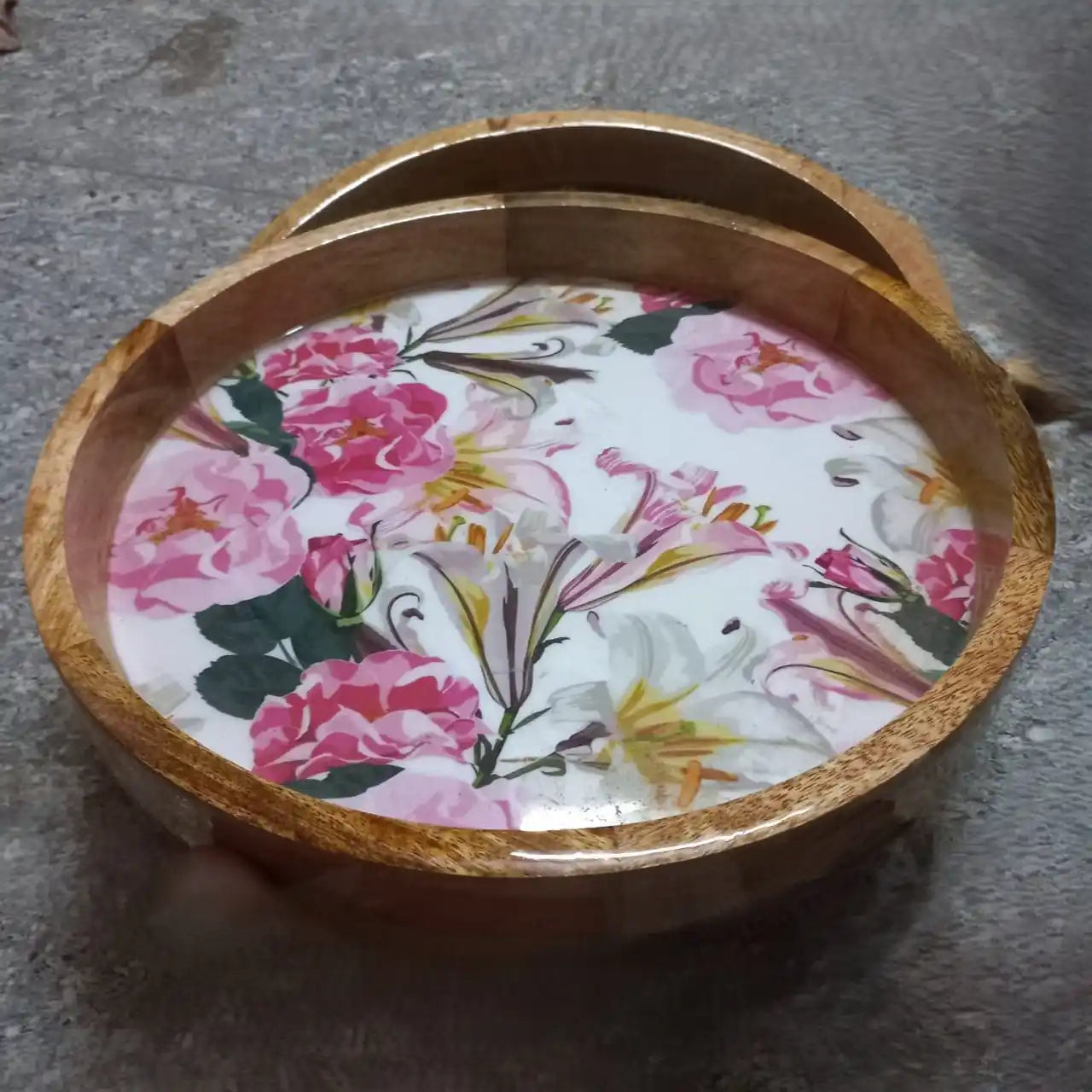 Lovely Pink & White Floral Print Wooden Serveware