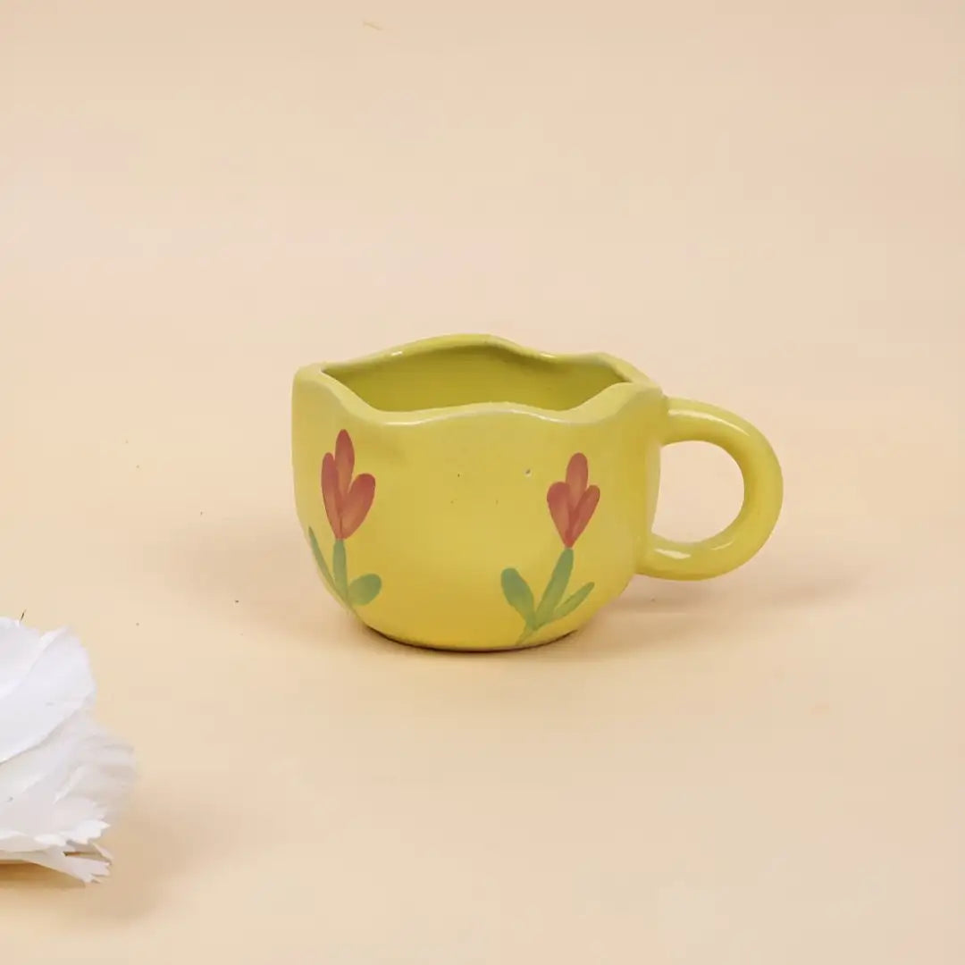 Yellow Floral Ceramic Cup & Saucer - 200 ml