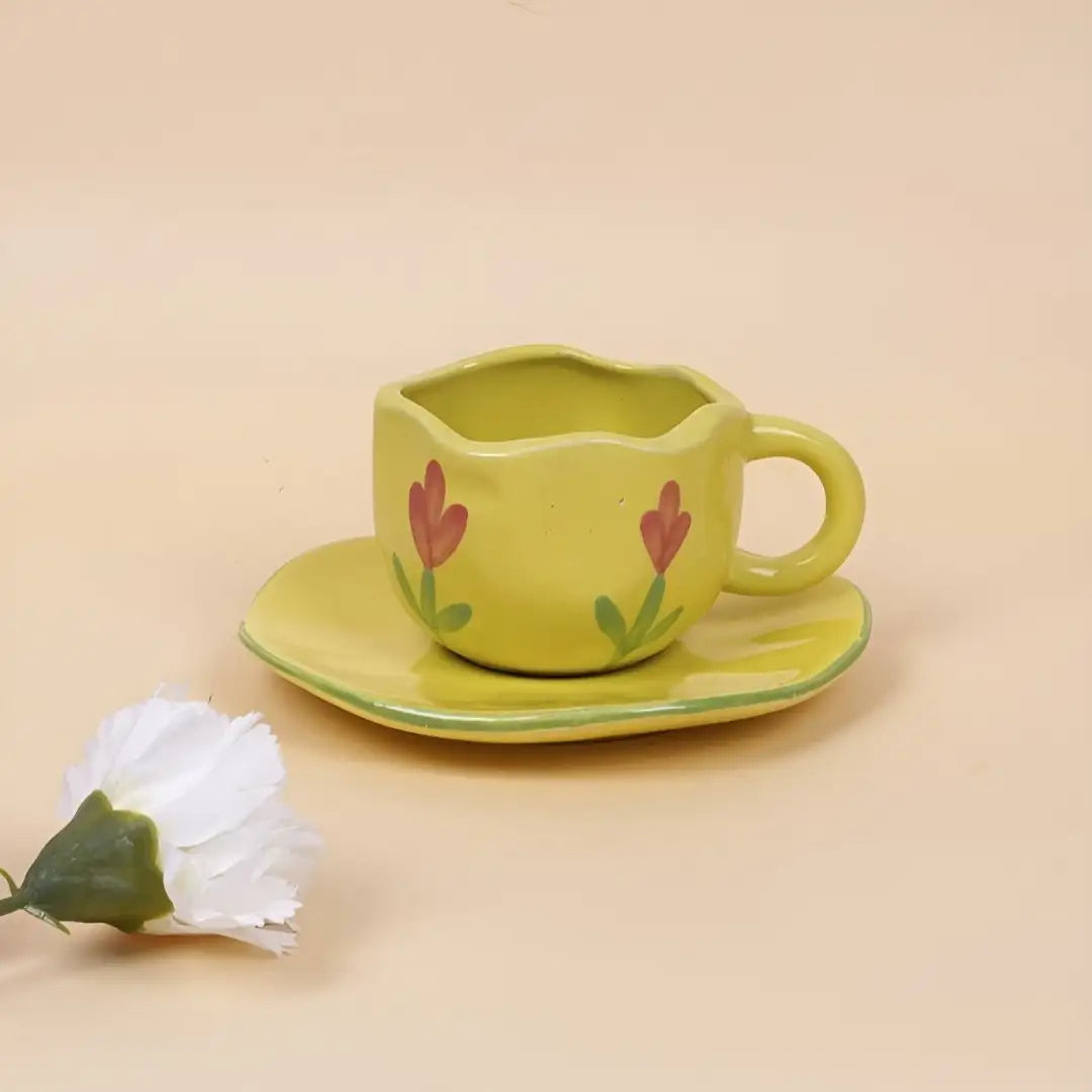 Yellow Floral Ceramic Cup & Saucer - 200 ml
