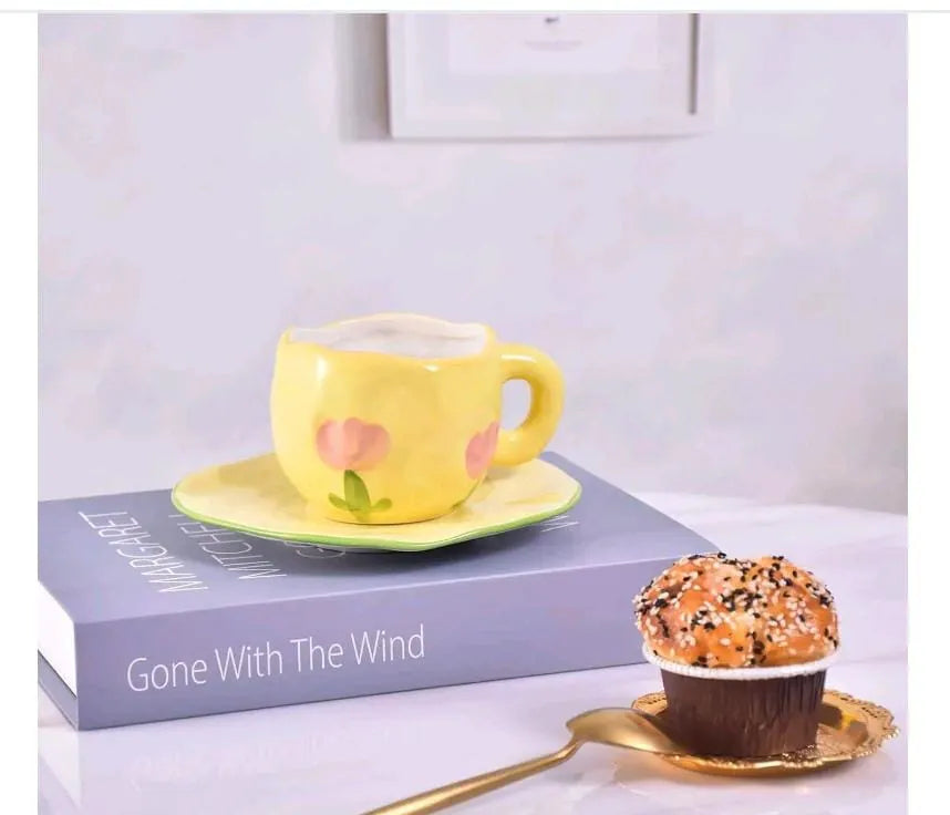 Yellow Floral Ceramic Cup & Saucer - 200 ml