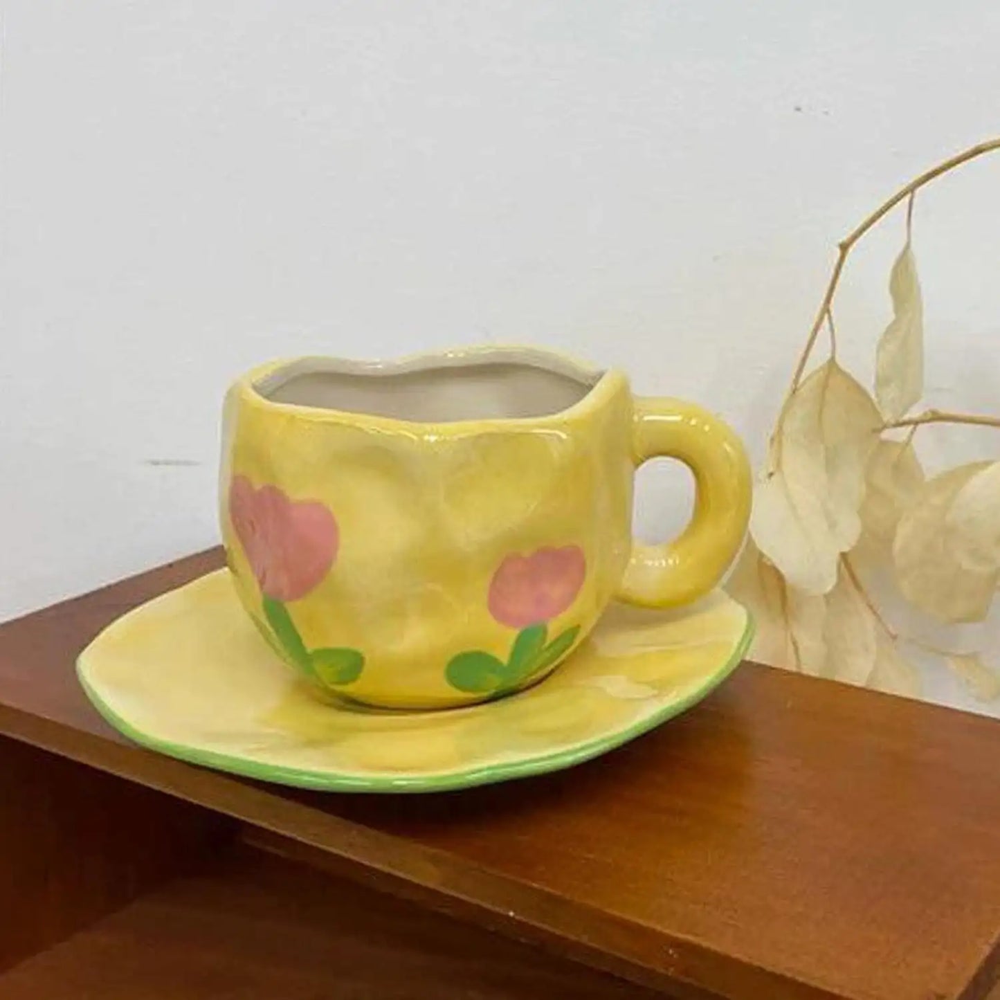 Yellow Floral Ceramic Cup & Saucer - 200 ml