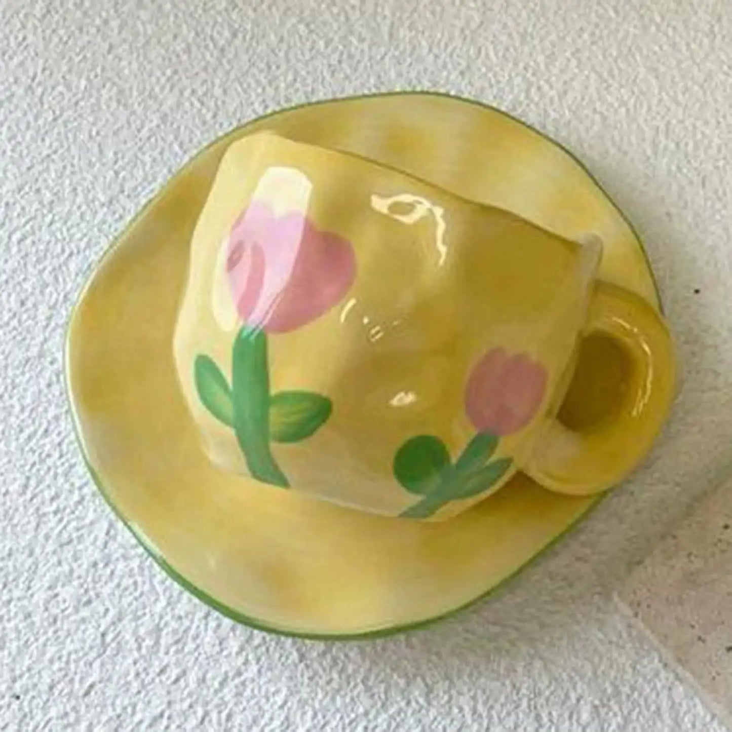 Yellow Floral Ceramic Cup & Saucer - 200 ml