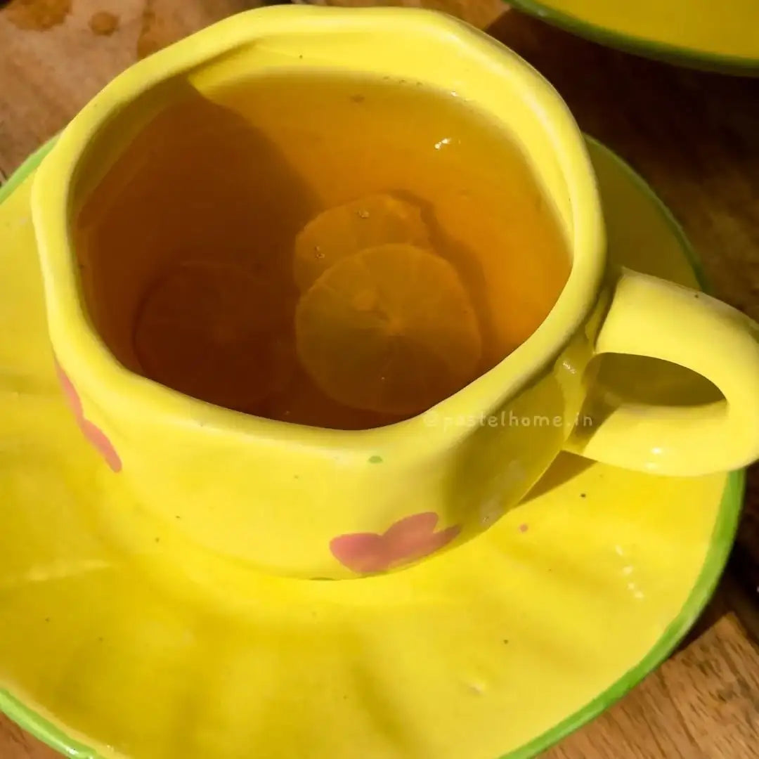 Yellow Floral Ceramic Cup & Saucer - 200 ml