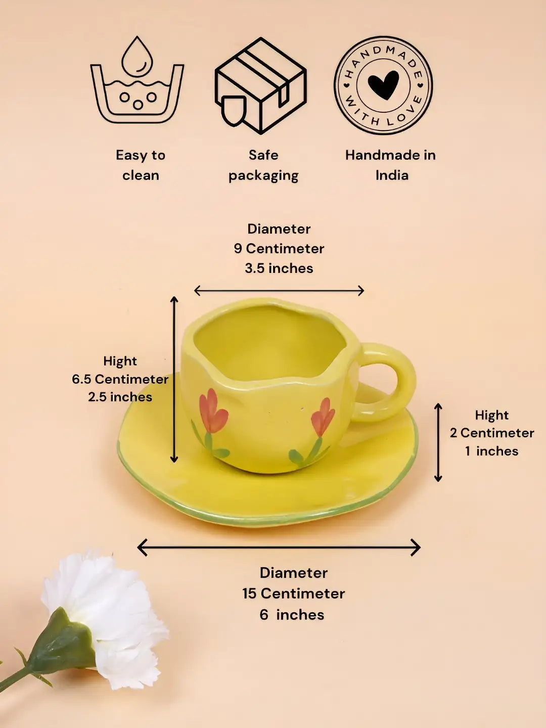 Yellow Floral Ceramic Cup & Saucer - 200 ml