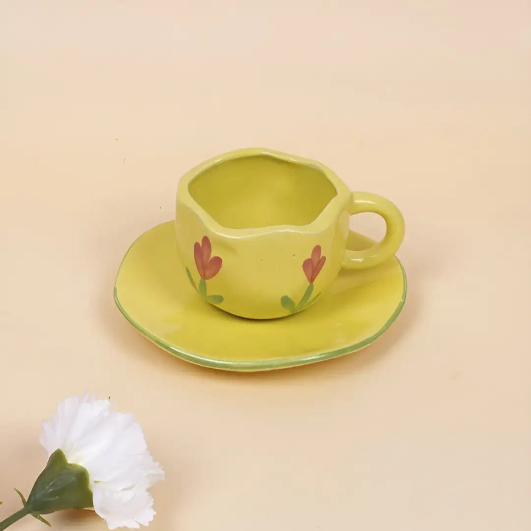 Yellow Floral Ceramic Cup & Saucer - 200 ml
