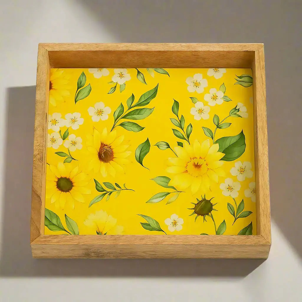 Beautiful Yellow Flowers Print Wooden Serveware