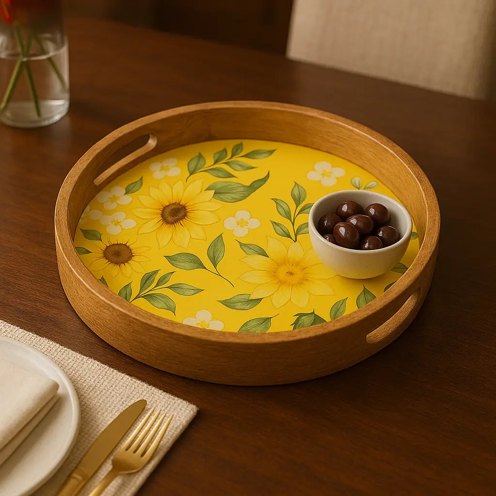 Beautiful Yellow Flowers Print Wooden Serveware