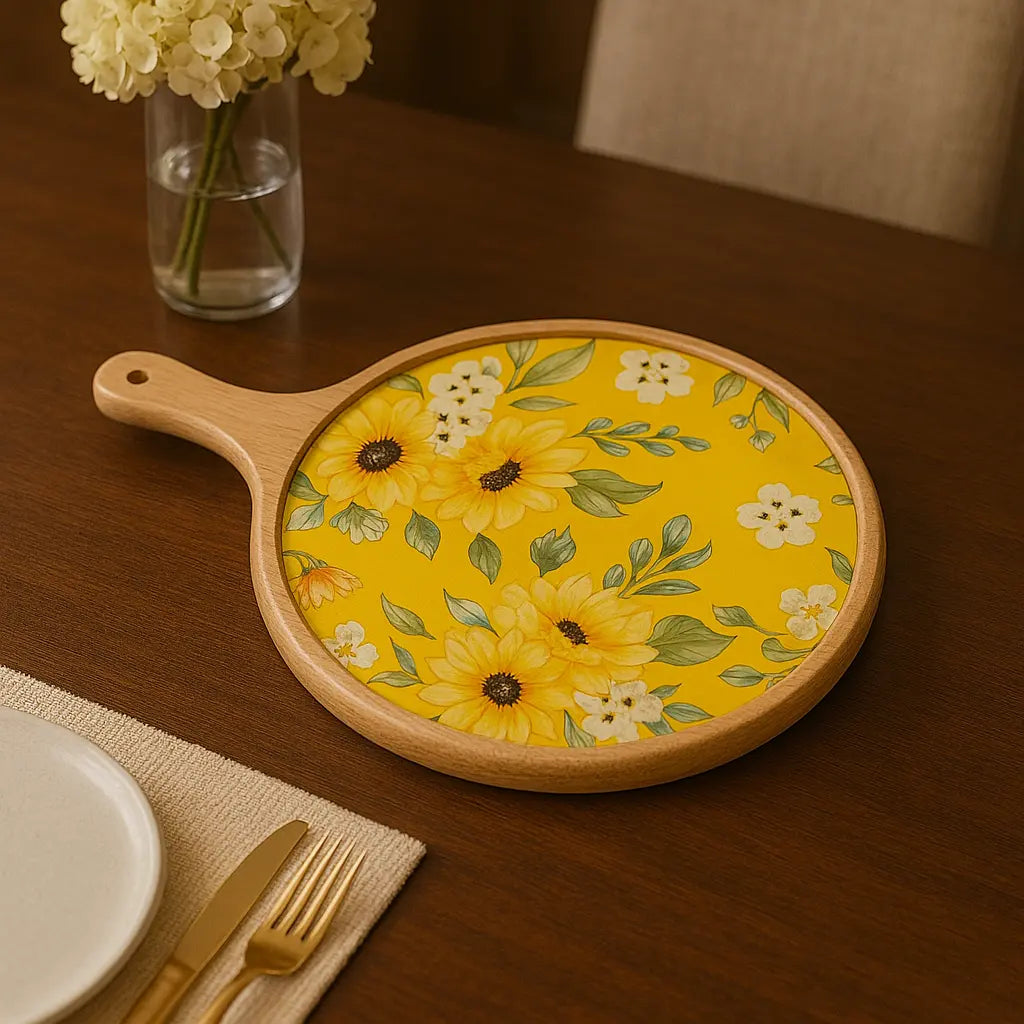 Beautiful Yellow Flowers Print Wooden Serveware