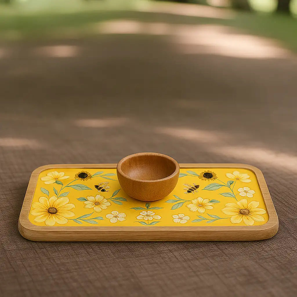 Beautiful Yellow Flowers Print Wooden Serveware