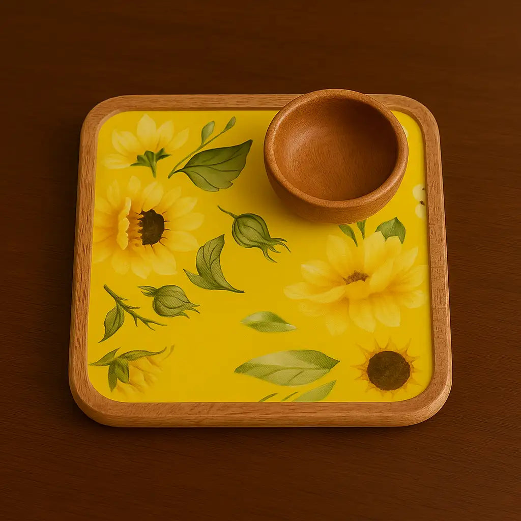 Beautiful Yellow Flowers Print Wooden Serveware