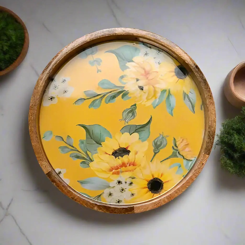 Beautiful Yellow Flowers Print Wooden Serveware