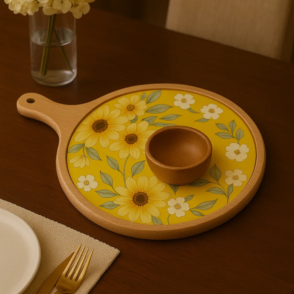 Beautiful Yellow Flowers Print Wooden Serveware