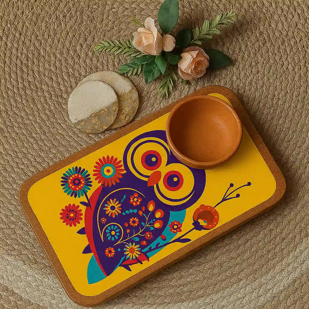 Elegant Wooden Yellow Owl Print Serveware