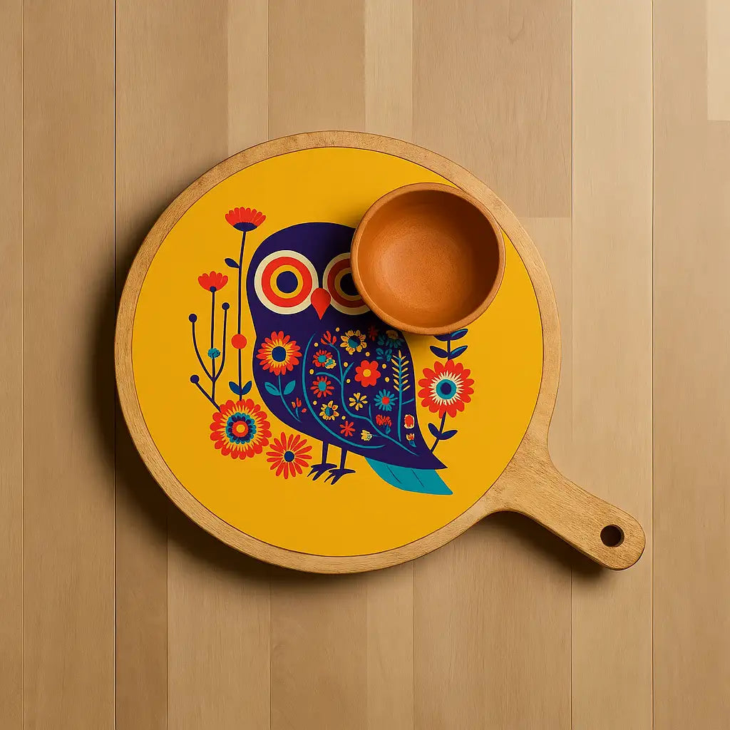 Elegant Wooden Yellow Owl Print Serveware