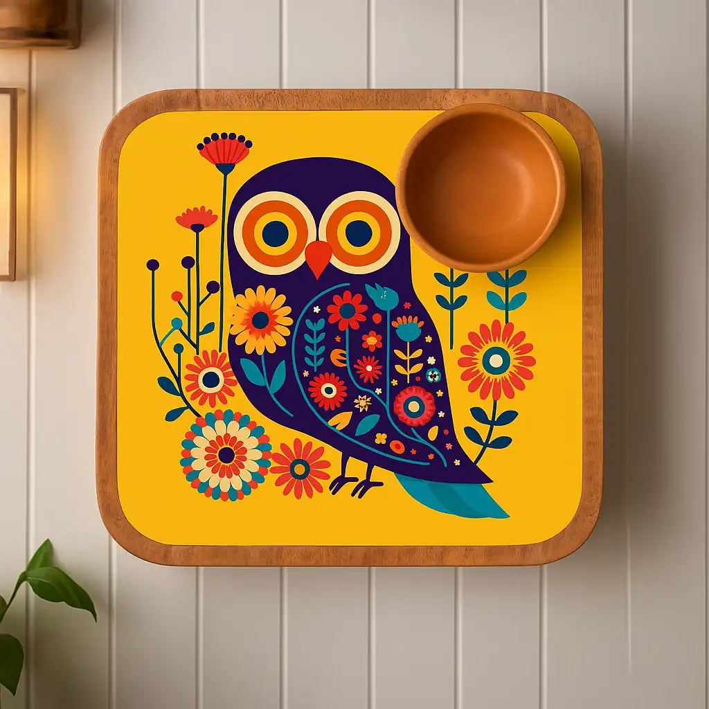 Elegant Wooden Yellow Owl Print Serveware