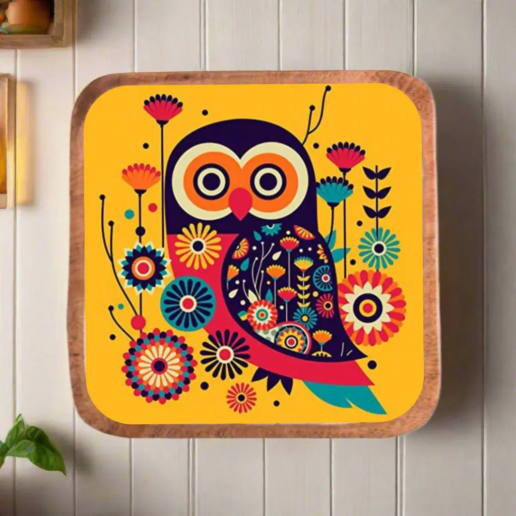 Elegant Wooden Yellow Owl Print Serveware