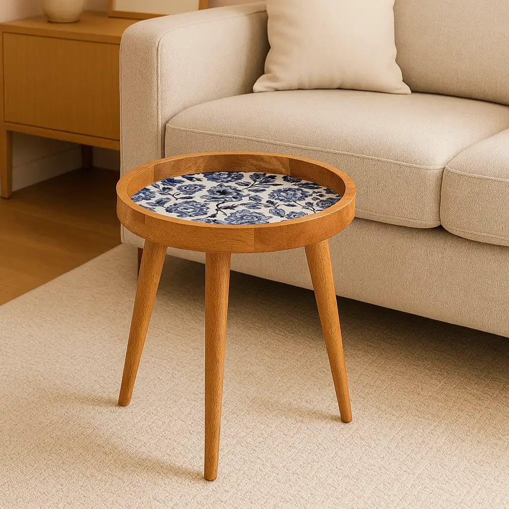 Elegant Blue Blossom Print Wooden Serveware