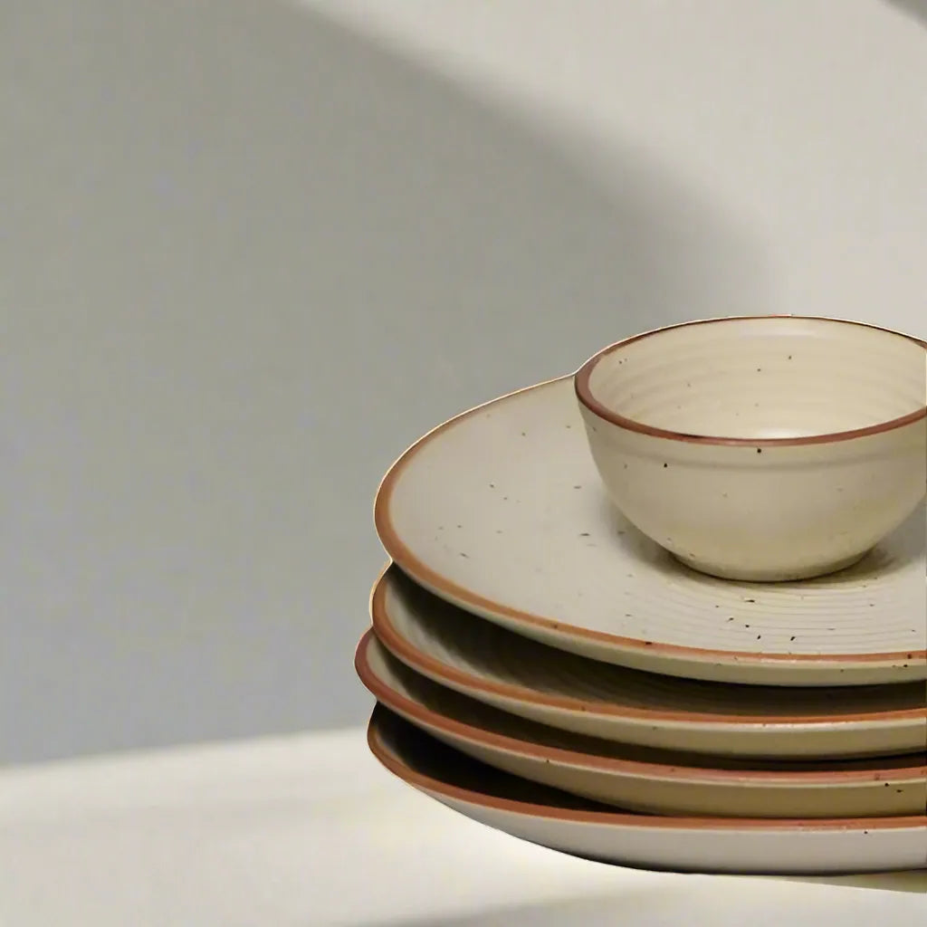 Off-White Handcrafted Ceramic Dinner Set - 2 Dinner Plates with 2 Bowls