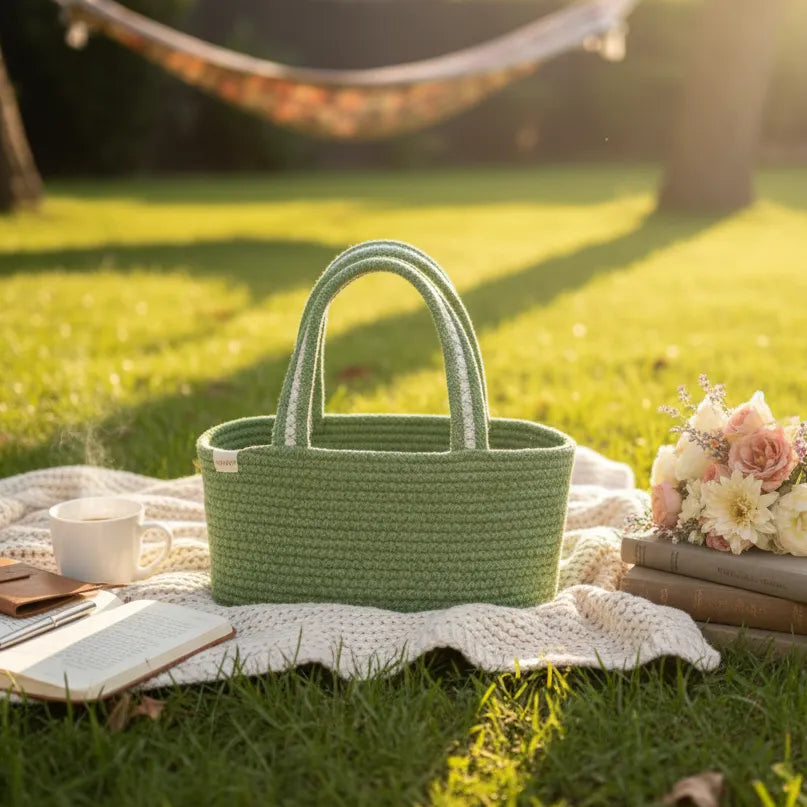 Cotton Rope Hamper Basket - Gift Organizer - Green