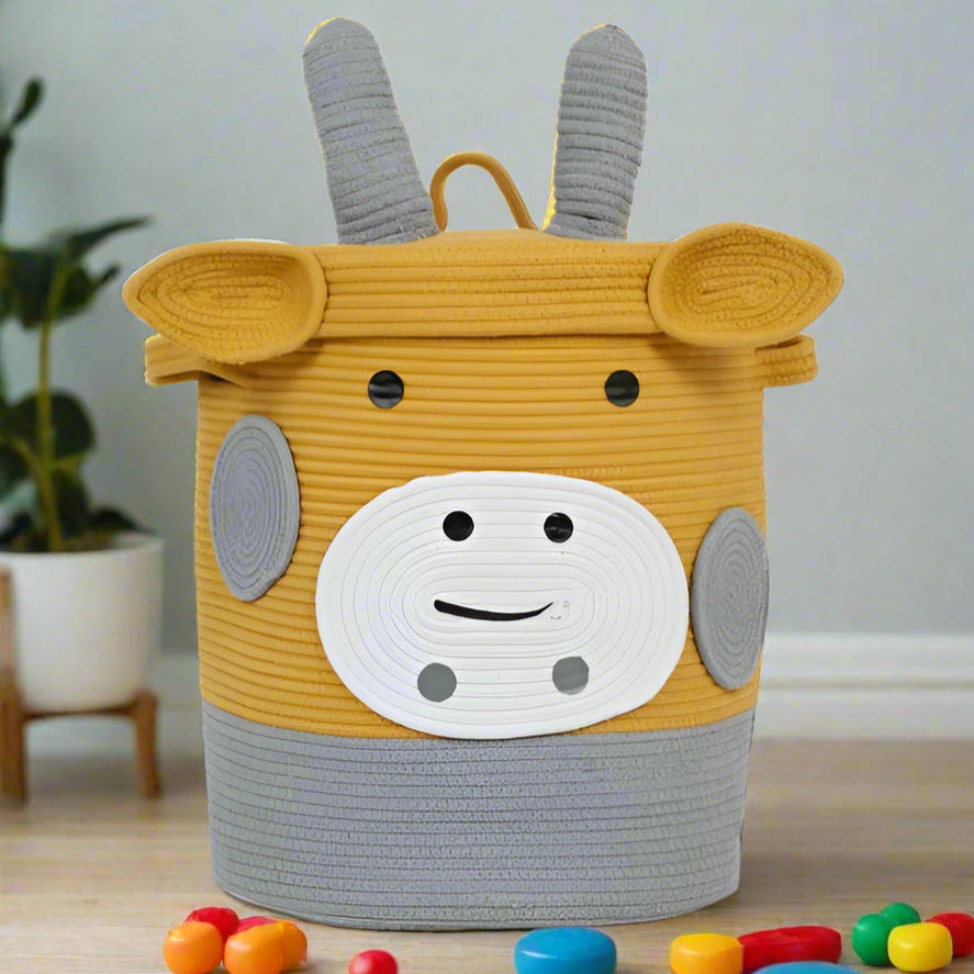 Yellow Cow Cotton Toy Storage Basket for Kids with Lid