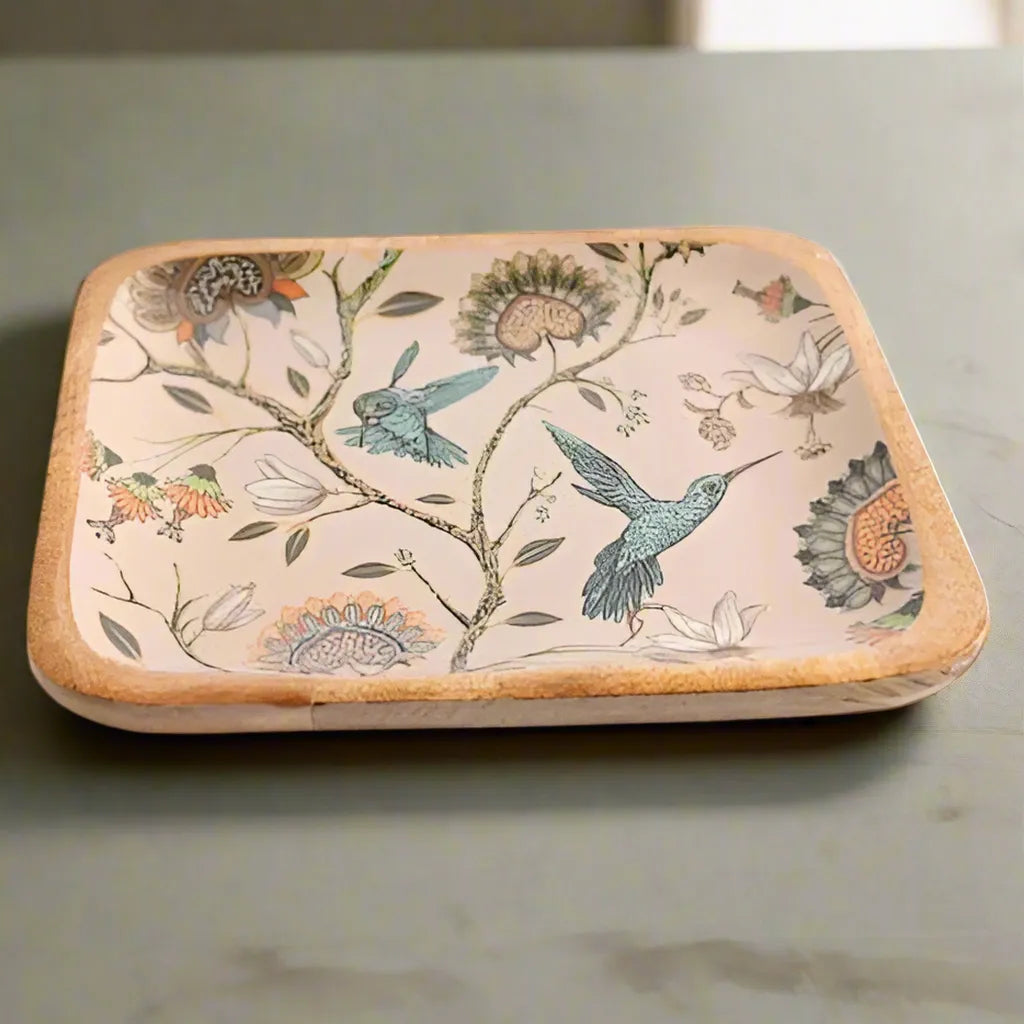 Attractive Birds & Flowers Print Wooden Serveware