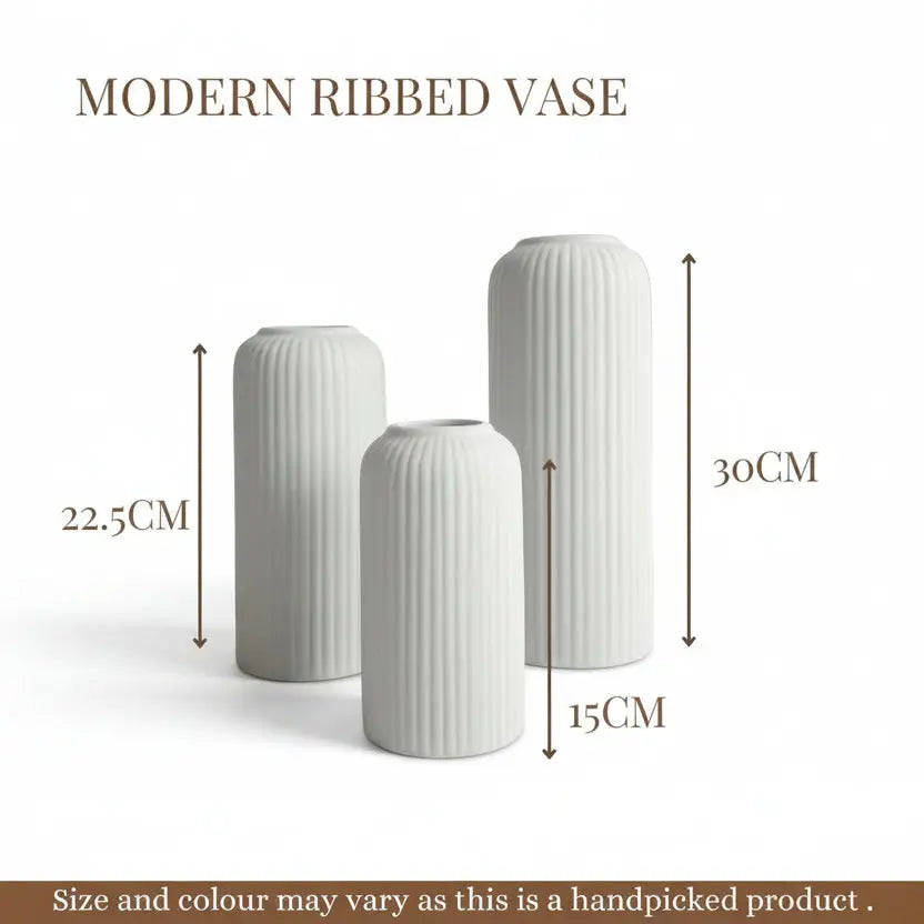 White Ribbed Ceramic Vases - Set of 3