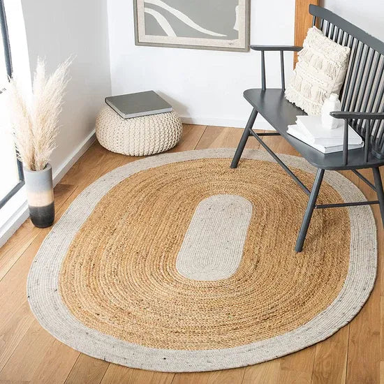 White Cotton Natural Jute Oval Rug-Handwoven Mat